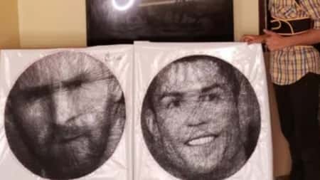 فن: يمني يرسم بالخيط لوحتين لميسي وكريستيانو بوقت واحد